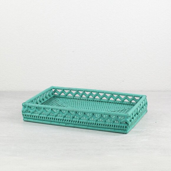 NEW Tight Woven Matrix Geometric Weave Rattan Tray- Turquoise